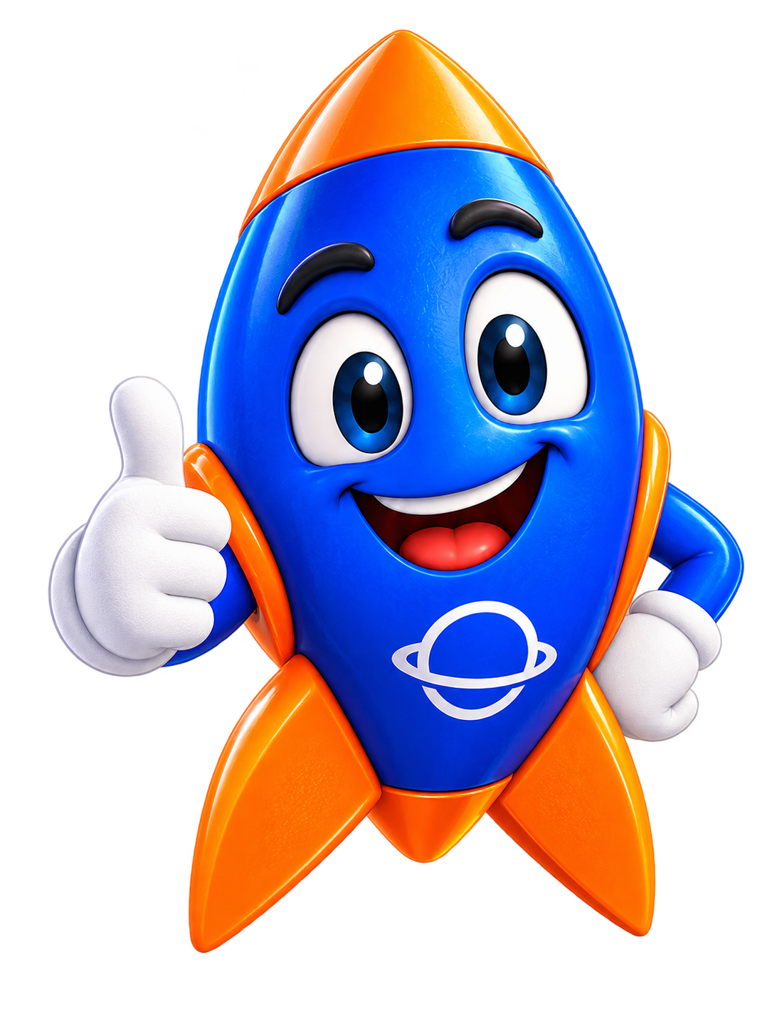Foguete azul e laranja da Conecta Pro sorrindo e fazendo sinal positivo